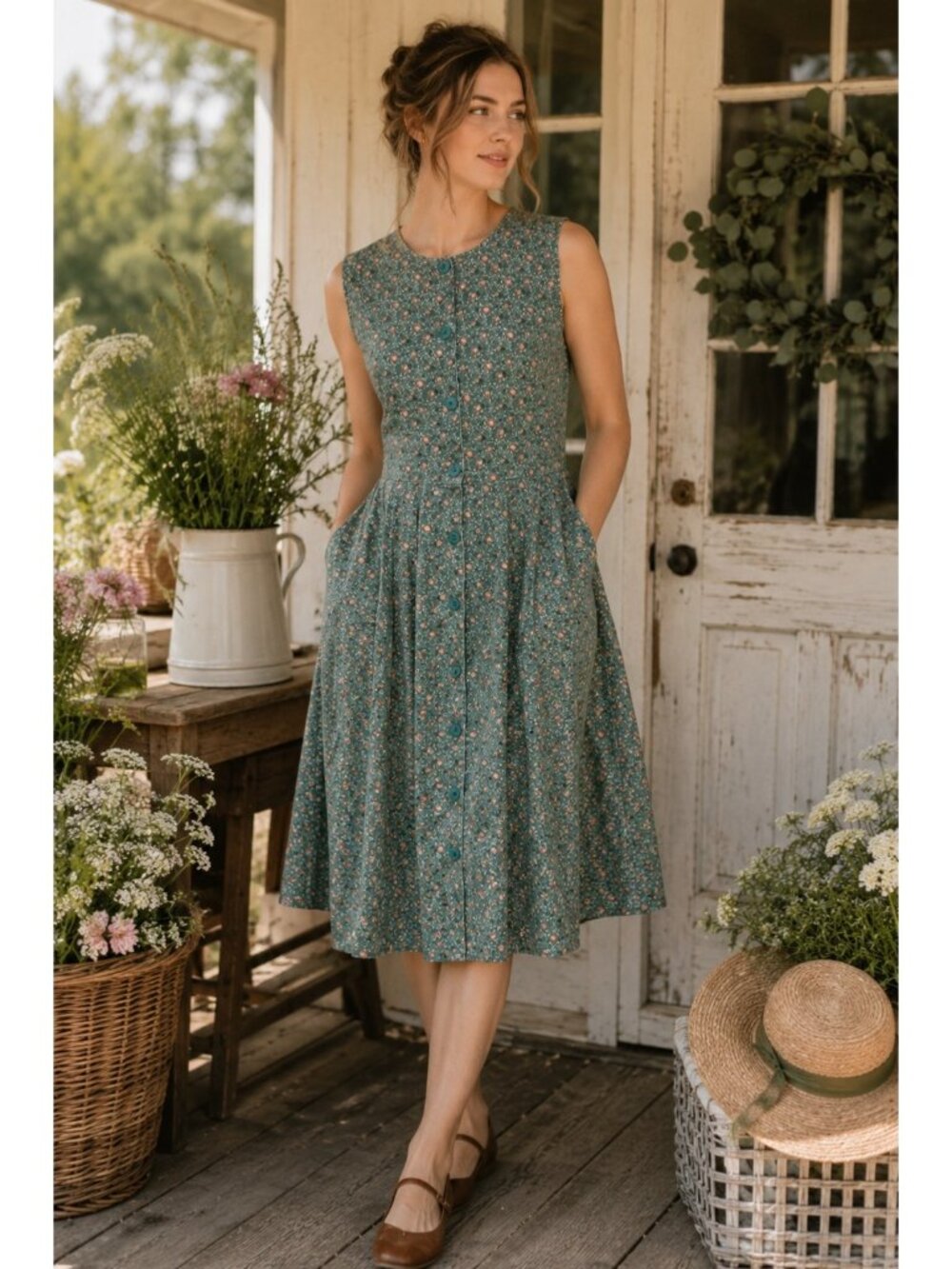 Pierre Cardin Floral Cotton Button Front Midi Dress Green Sleeveless Women’s M